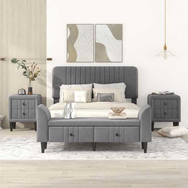 4-Pieces Upholstered Bedroom Sets w/ Platform Bed and 2 Nightstands and Storage Bench - - 37522169