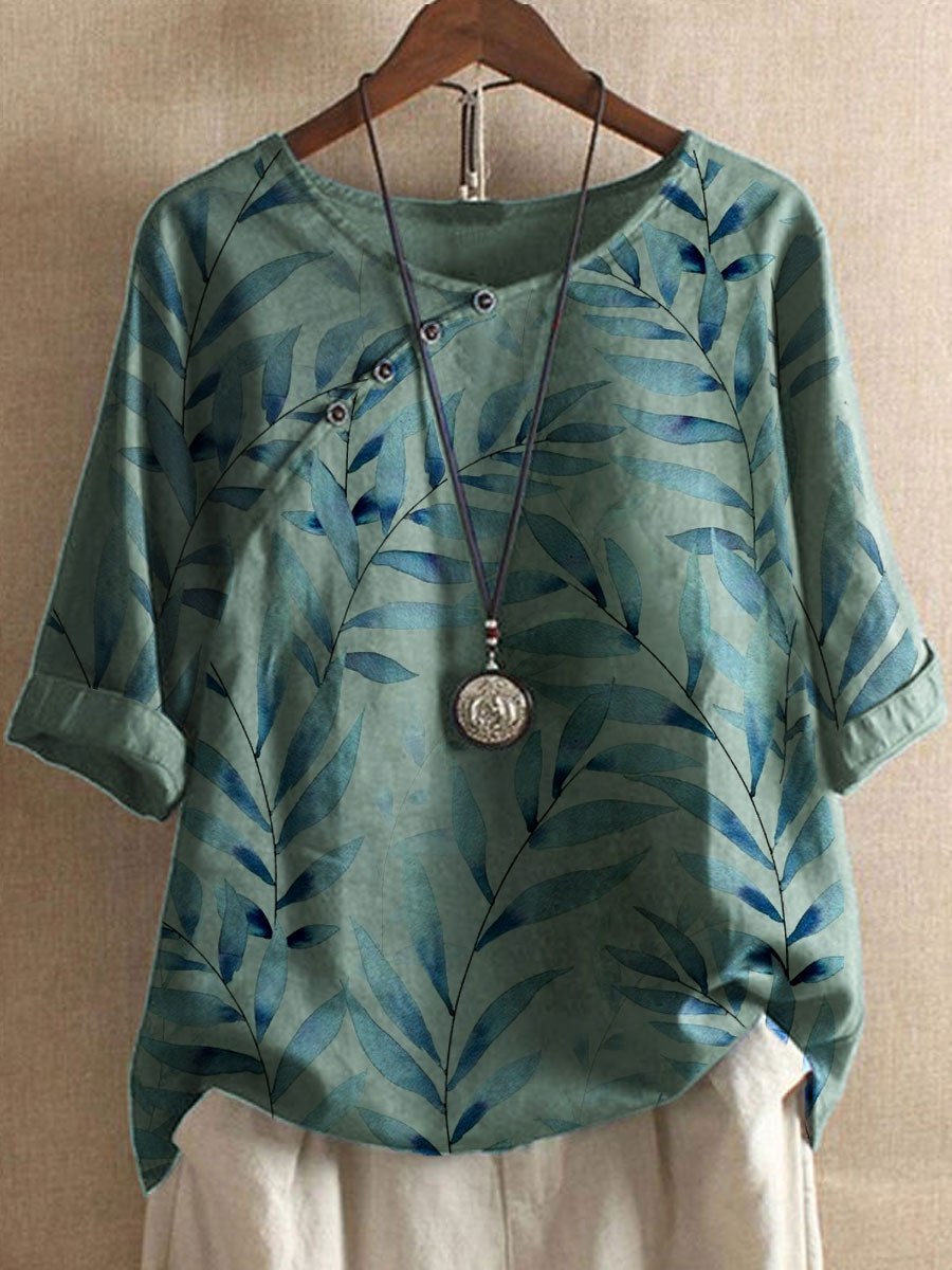 Round Neck Cotton And Linen Leaf Print Blouse