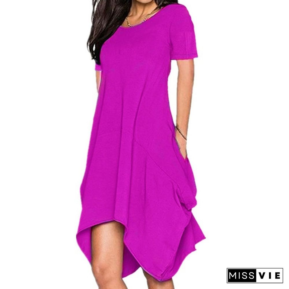 Summer Women's Fashion Solid Color Tunics Irregular T-Shirt Dresses Loose Casual O-Neck Chiffon Short Sleeves Dress Sexy Beach Dress Plus Size Pocket Dress Ruffles Party Mini Dress S-7Xl