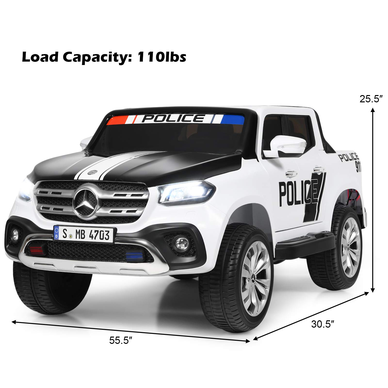 Costzon 2-Seater Ride on Polick Truck, Licensed Mercedes Benz X Class Battery Powered Ride on Car w/ 2.4G Remote Control