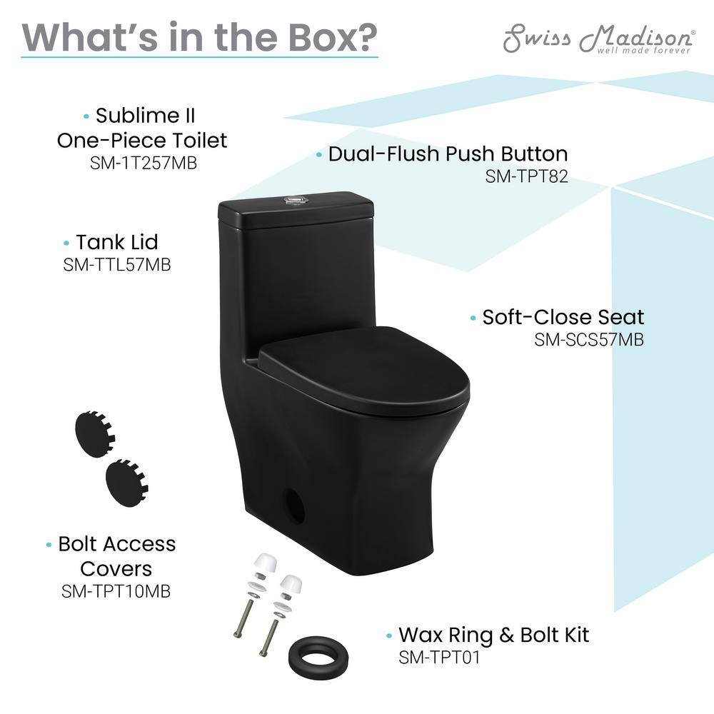 Swiss Madison Sublime II 1-Piece 1.11.6 GPF Toilet Dual Flush Round Toilet in Matte Black Seat Included SM-1T257MB