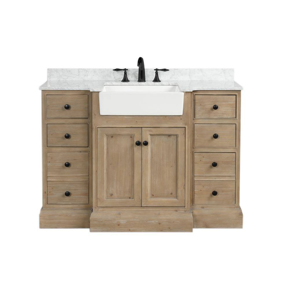 Ari Kitchen and Bath Kelly 48 in. Single Bath Vanity in Weathered Fir with Marble Vanity Top in Carrara White with White Farmhouse Basin AKB-KELLY-48-WEATHFIR