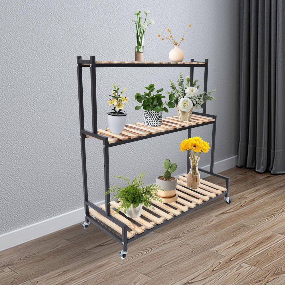 YIYIBYUS 40.9 in. Tall Indoor/Outdoor Black Metal Wood Plant Stand (3-Tiered) HG-LYF2496-600