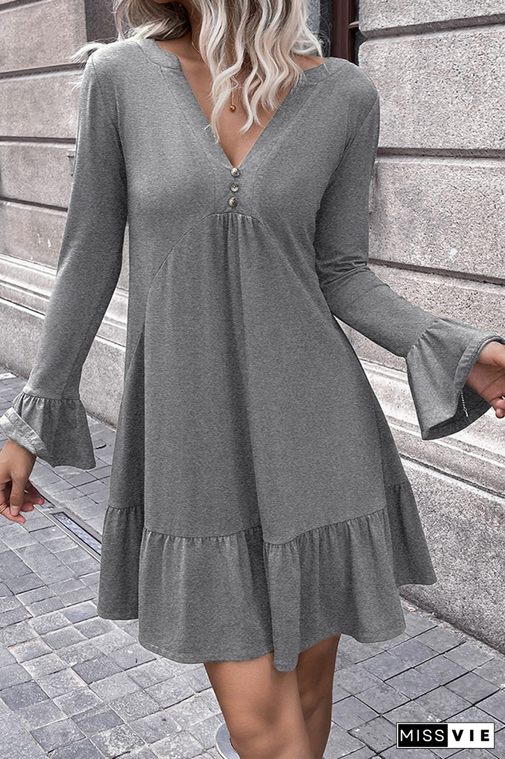 Long Sleeve V Neck Plain Ruffle Dress