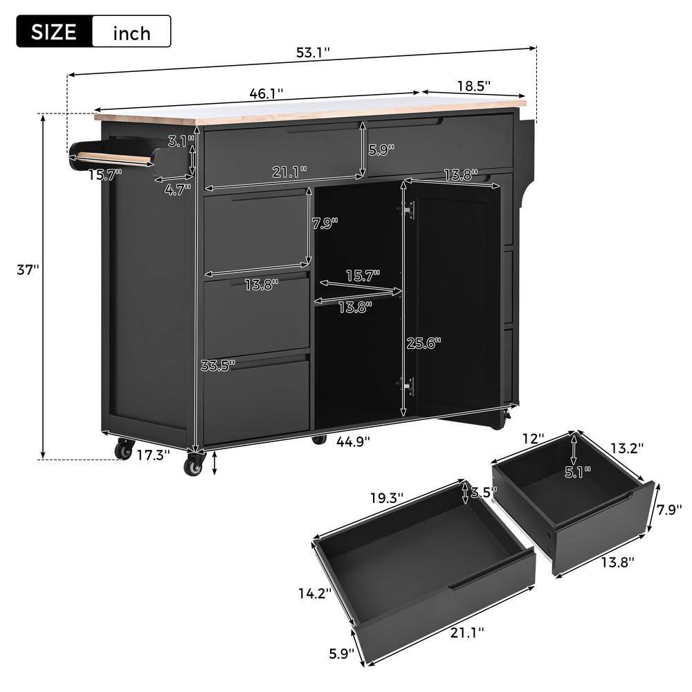 Runesay Black Rubberwood Countertop 53.1 in. W Kitchen Island Cart with 8 Handle-Free Drawers and Flatware Organizer KIBK-2282