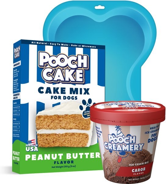 Pooch Cake Basic Starter Plus Peanut Butter Cake Mix with Cake Mold Kit and Pooch Creamery Carob Ice Cream， 9-oz box and 5.25-oz carton