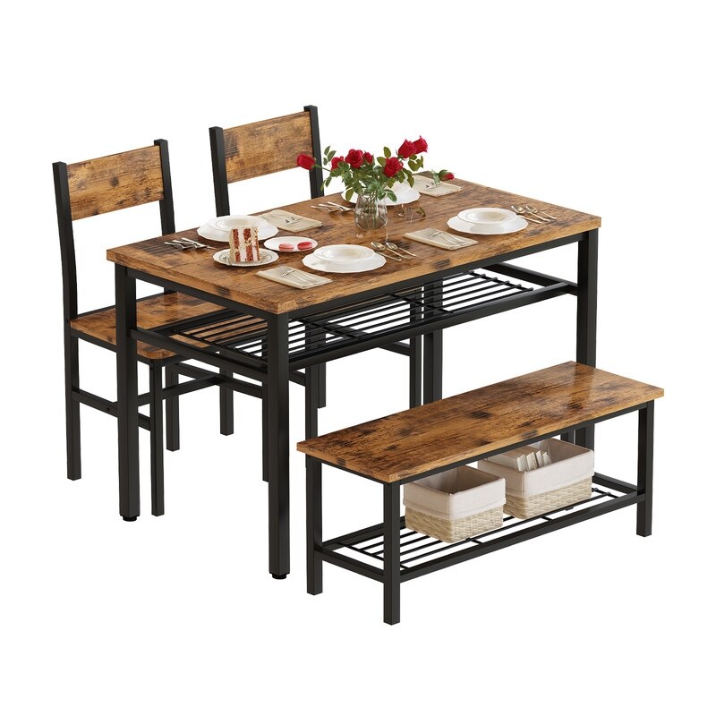 Industrial Dining Table Set for 4  4 Piece Kitchen Table with Bench and Chairs  Rustic Dining Set with Storage Rack