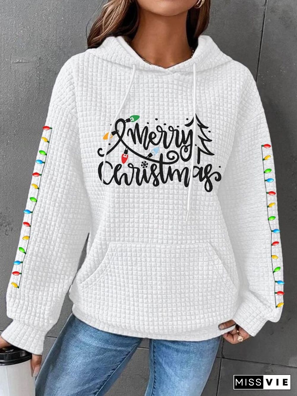 Women's Merry Christmas Christmas Tree Casual Waffle Hoodie