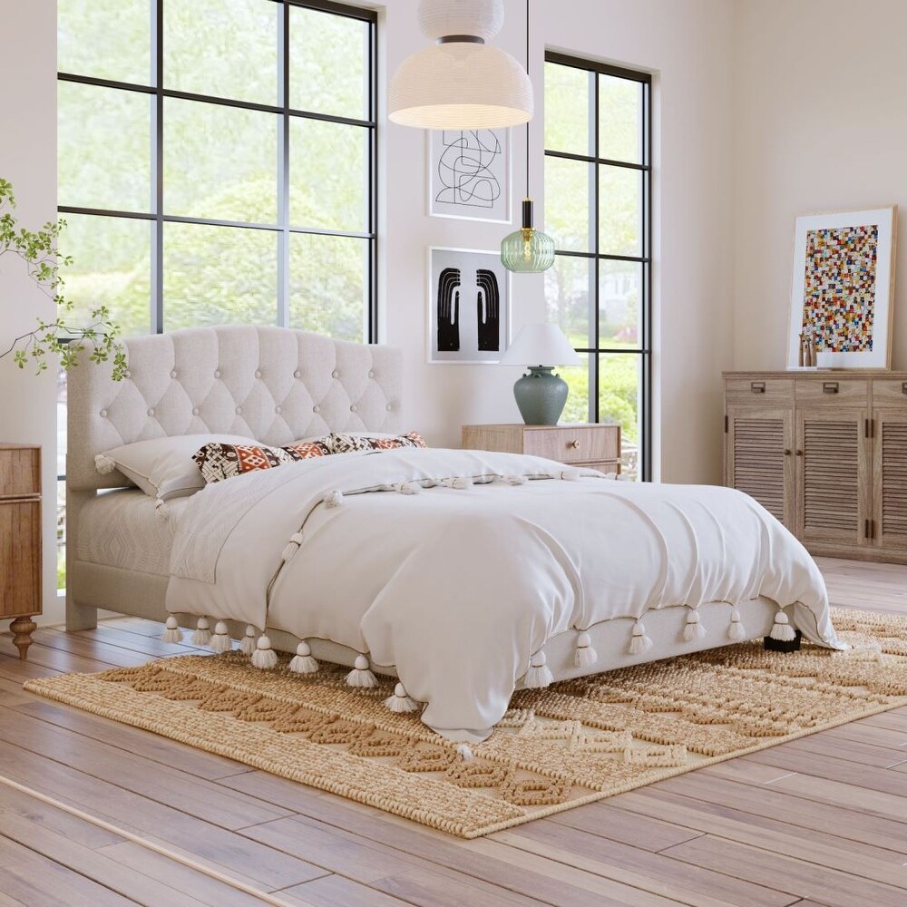 Modern Platform Bed Frame Wood Slat Diamond Tufted Headboard Sturdy