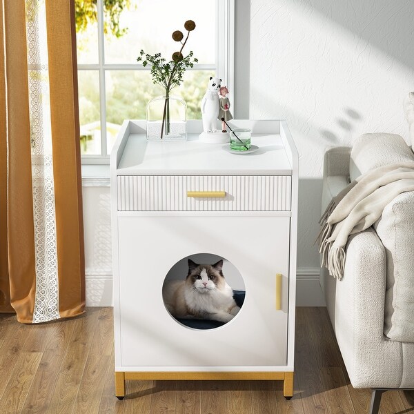 Cat Litter Box Enclosure， Hidden Litter Box Furniture with Drawer， Nightstand for Bedroom - - 36224734