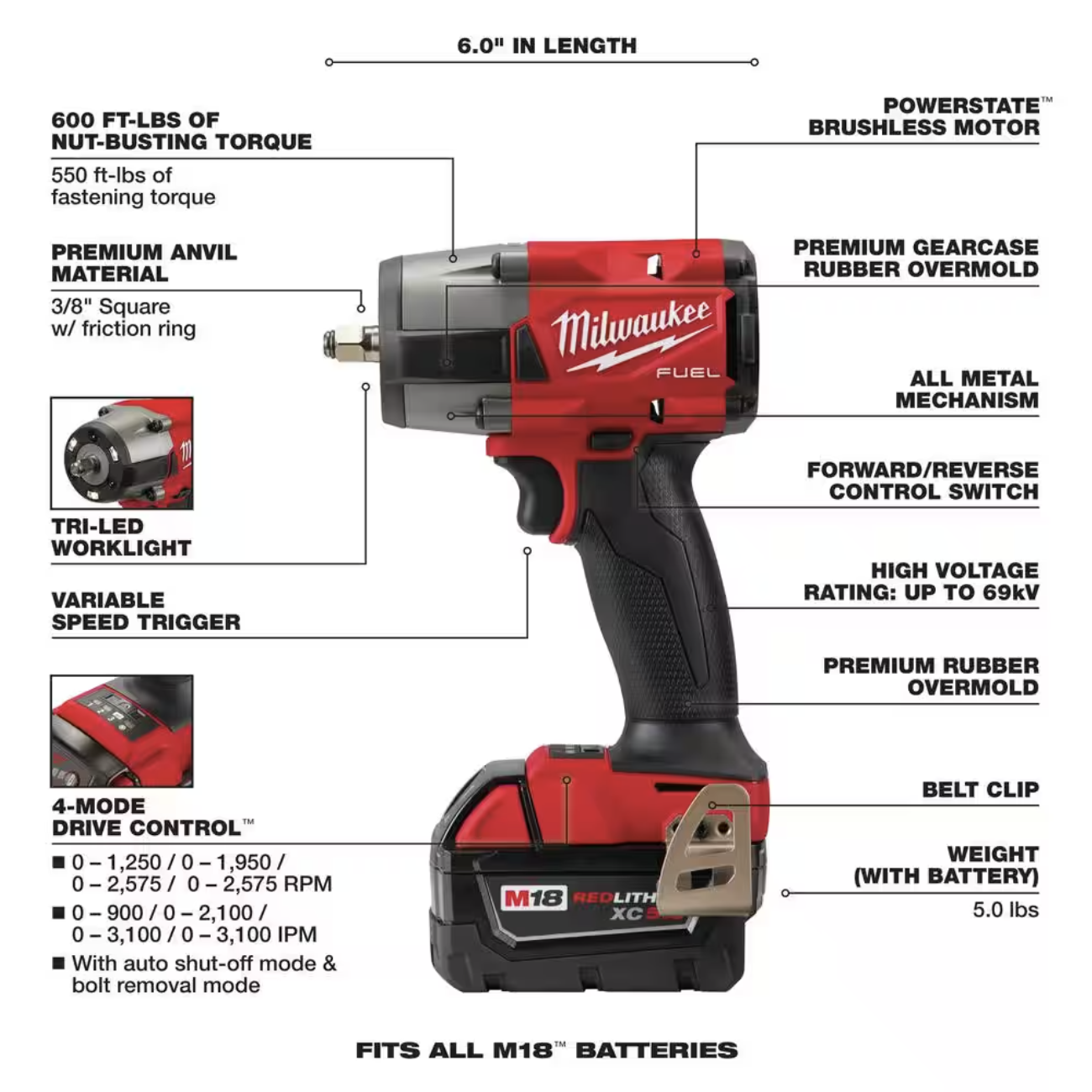 Milwaukee M18 FUEL GEN-2 18V Lithium-Ion Mid Torque Brushless Cordless 3/8 in. Impact Wrench with (1) 5.0 Ah Battery