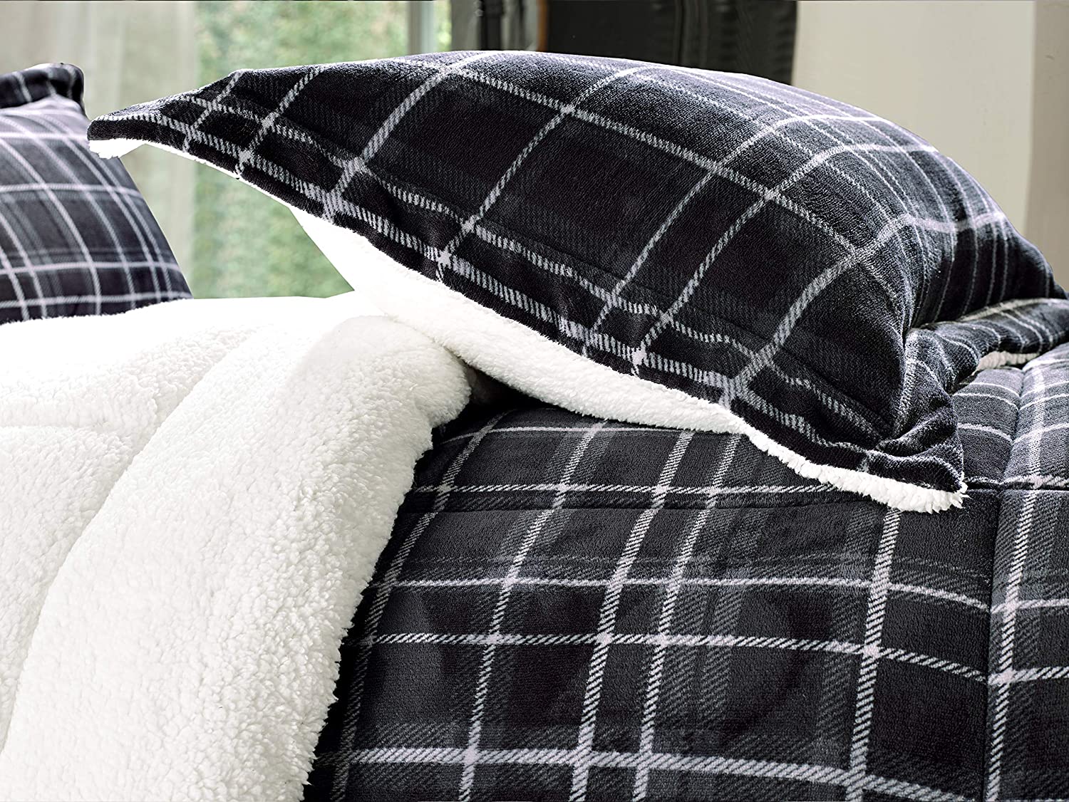 Softest Coziest Plaid Pattern Sherpa Premium Quality Down Alternative Micro-Suede 3-Piece Reversible Comforter Set