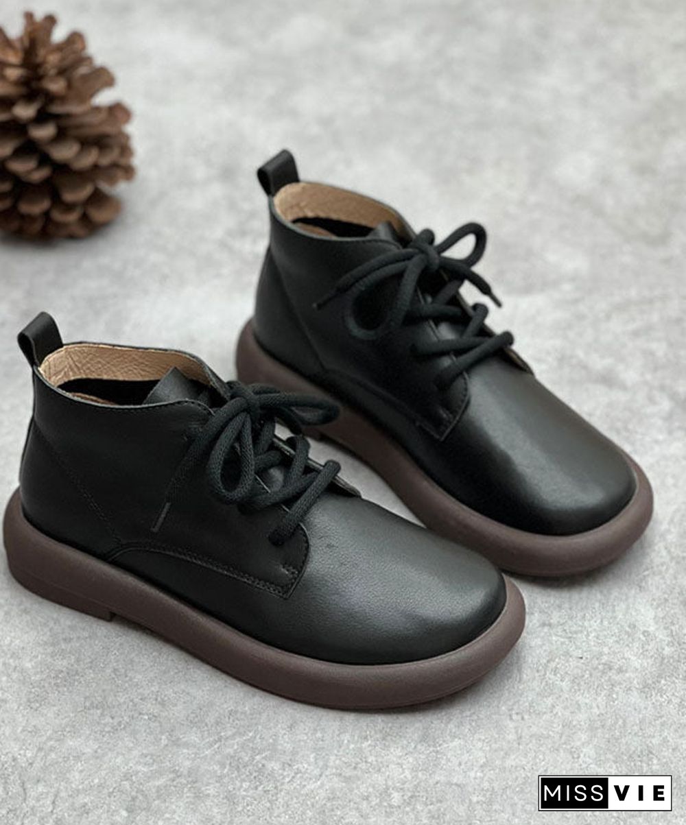 Black Cowhide Leather Flat Boots Casual Lace Up Ankle Boots