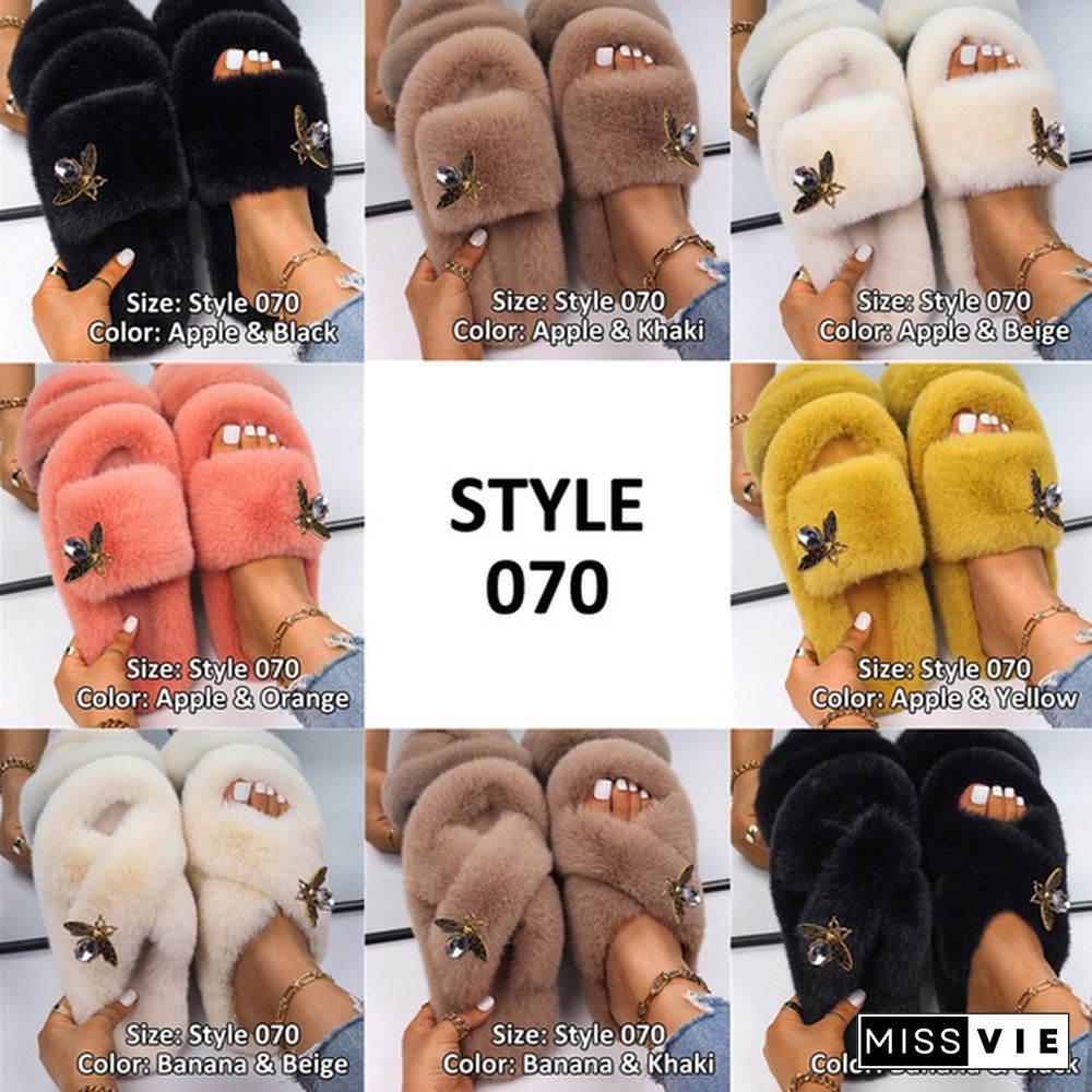 Fluffy Warm Women Home Slippers Fur Rhinestone Crystal Platform Shoes Indoor Flip Flops Female Soft Casual Slides Cotton Fur Slippers