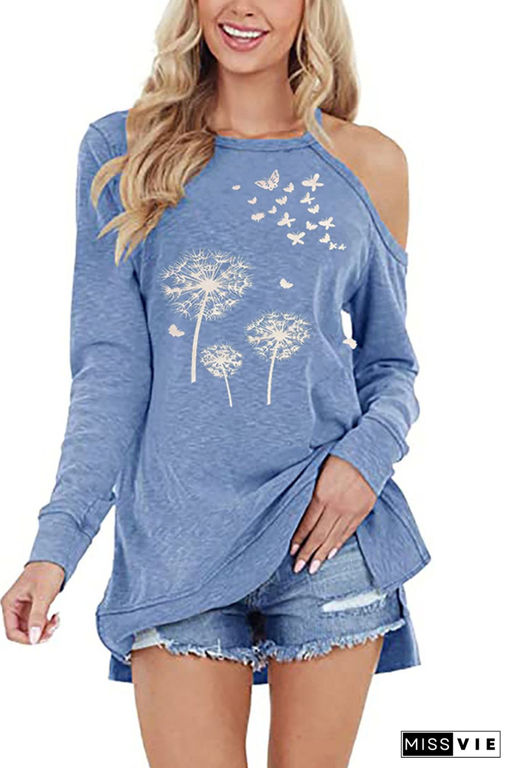 Dandelion Print One Shoulder Graphic Tee Women Wholesale Long Sleeve T shirts Top