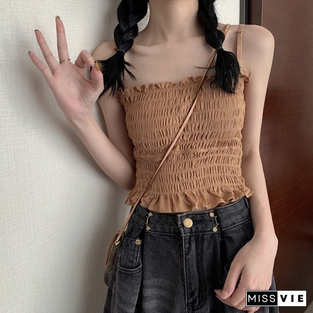 Camis Women Sexy Casual Chic 6 Colors Cute Folds Design Korean Style Slim Soft Crop Top Solid Mujer Beach Party Summer Camisole