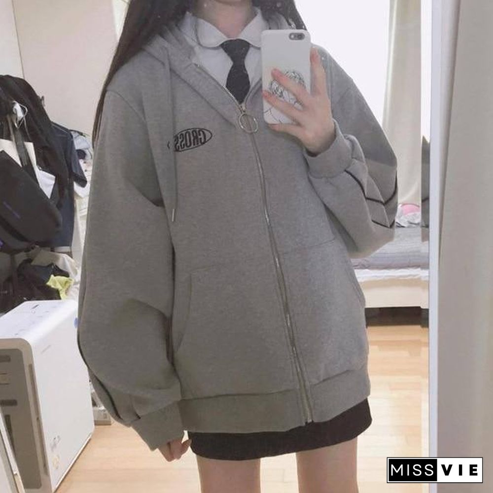 streetwear Harajuku Oversized sweatshirt women print Letter zip up Hoodies Student Plus Size Outwear Female Loose tops