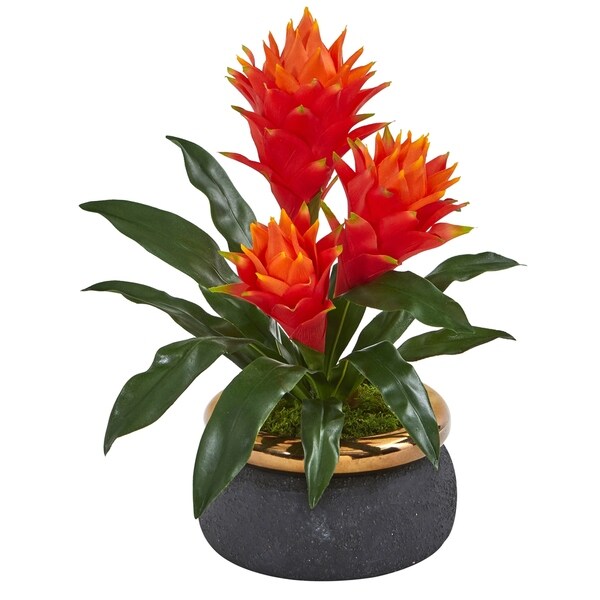 14 Triple Bromeliad Artificial Plant in Stoneware Planter