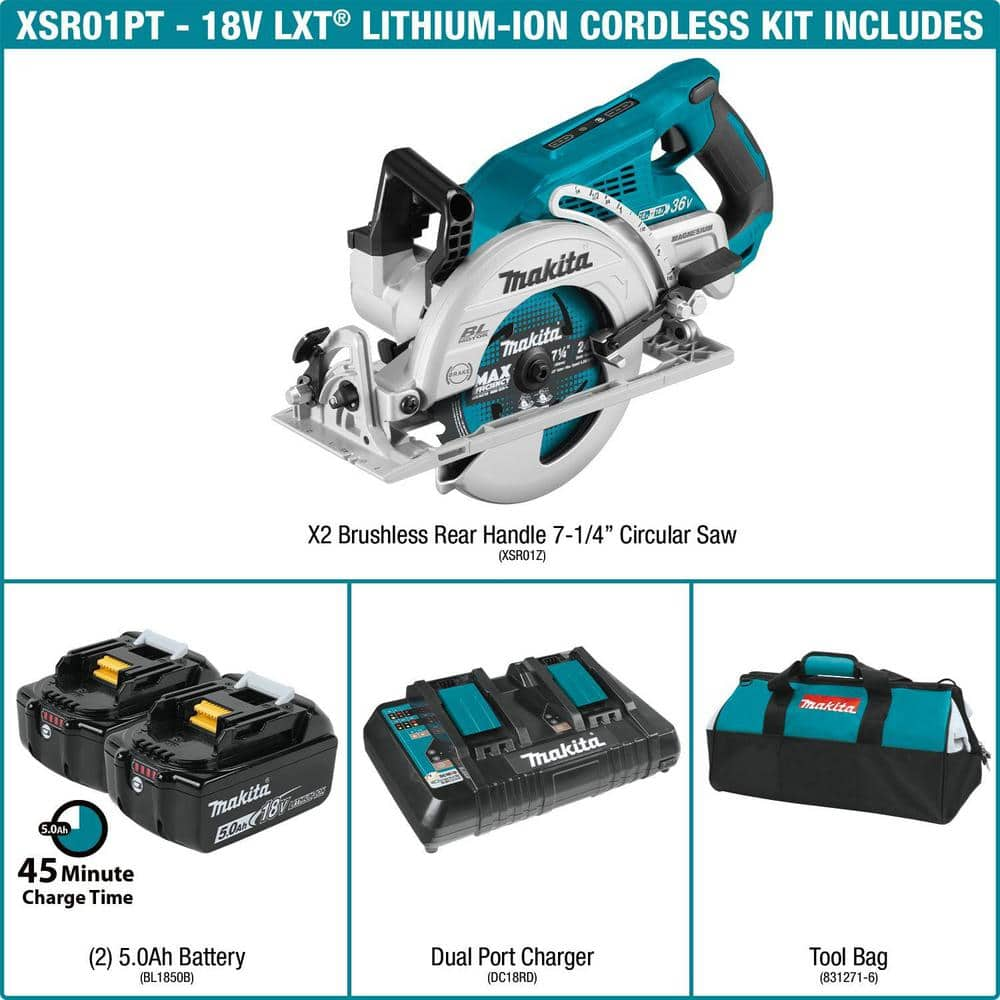 Makita 18V X2 LXT 5.0Ah Lithium-Ion (36V) Brushless Cordless Rear Handle 7-1/4 in. Circular Saw Kit XSR01PT