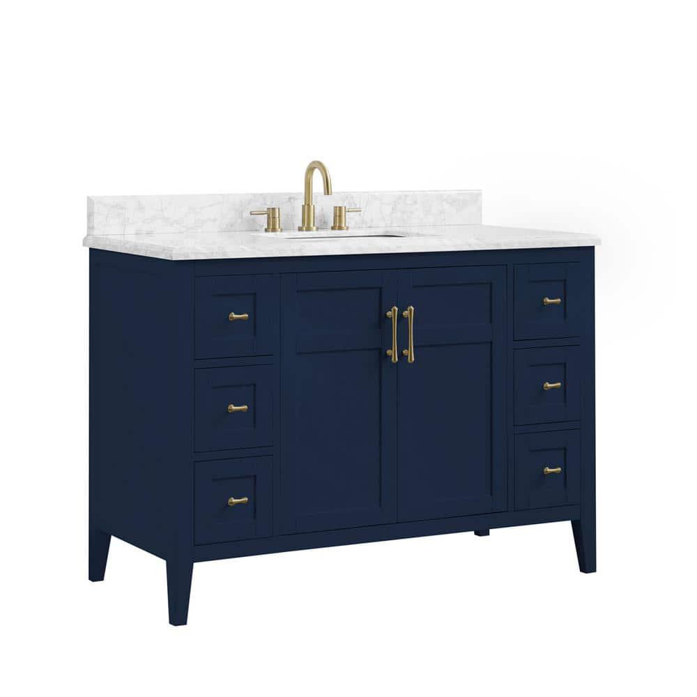 Home Decorators Collection Sturgess 49 in W x 22 in D Bath Vanity in Navy Blue with Marble Vanity Top in Carrara White with White Basin