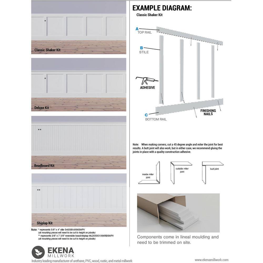 Ekena Millwork 58 in. X 96 in. X 32 in. Expanded Cellular PVC Deluxe Shaker Wainscoting Moulding Kit (for heights up to 32H) WPKP32X03DS