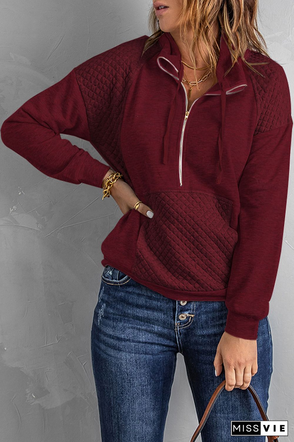 Wine Quilted Patch Half Zipper Sweatshirt