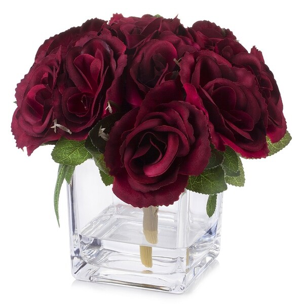 Enova Home Artificial Velvet Fake Roses Silk Flowers Arrangement in Cube Glass Vase with Faux Water for Home Decoration