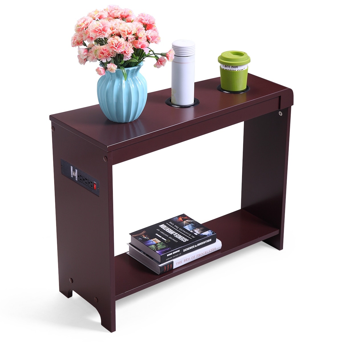 Narrow Side Table/Coffee Table with Storage Open Shelf，Cup Holders and USB Charging Station