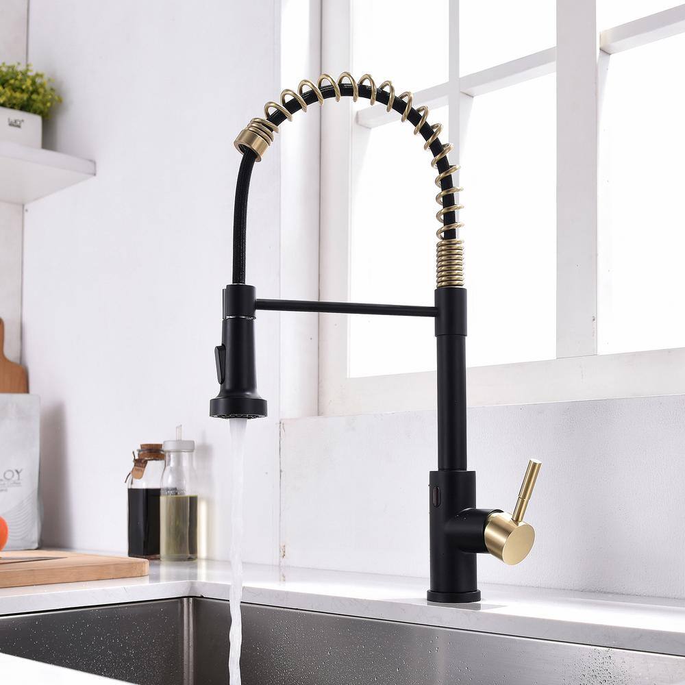 Boyel Living Single-Handle Touchless Sensor Gooseneck Pull-Down Sprayer Kitchen Faucet in Matte Black and Brushed Gold BMIS2252BG