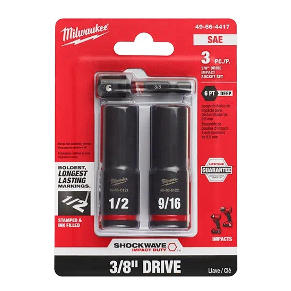 Milwaukee 49-66-4417 Shockwave 3Pc SAE Thin Wall Deep Impact Socket Set, 3/8