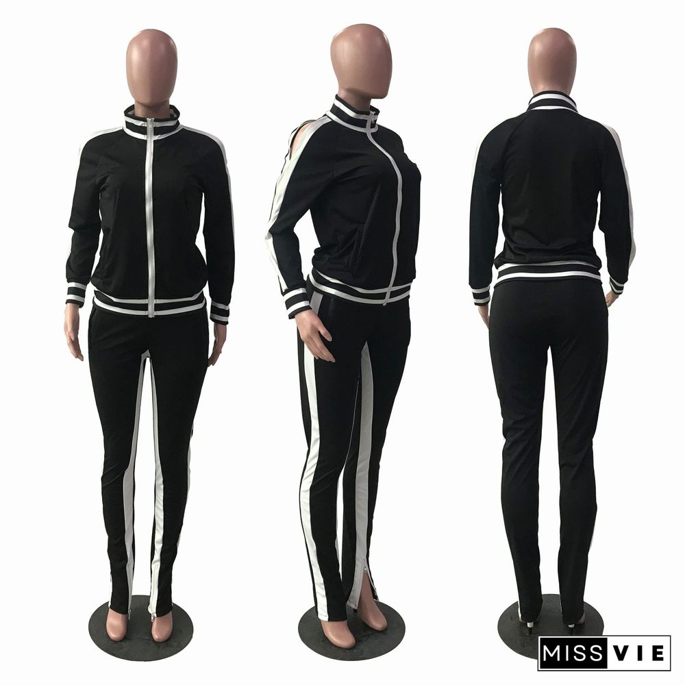 Stripe Long Sleeve Zipper Split Pants Hem Sport Set