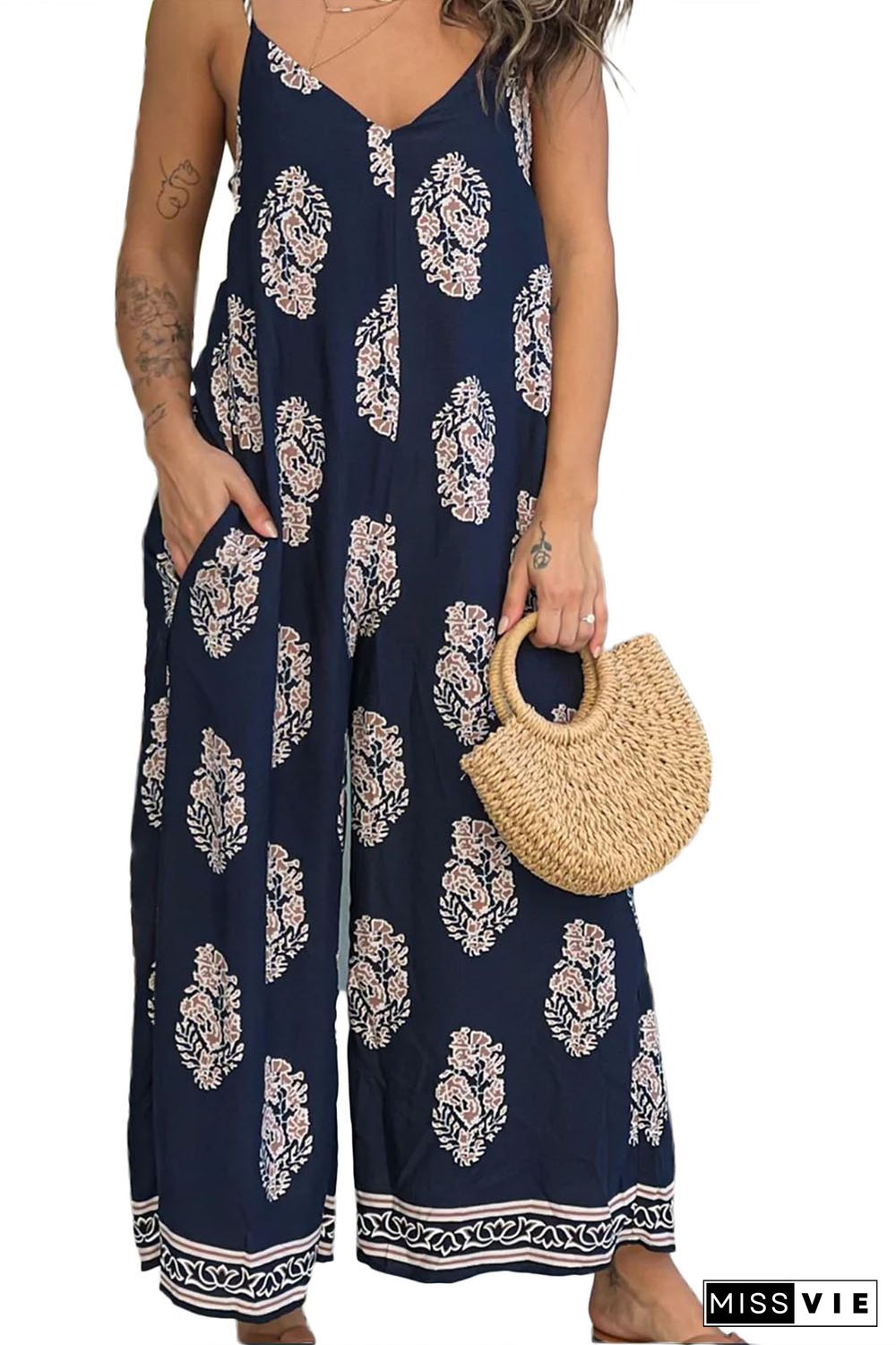 Blue Geometric Print Spaghetti Straps Wide Leg Jumpsuit