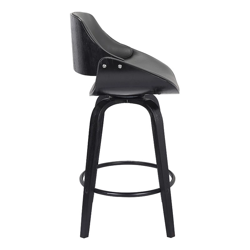 26 Inch Leatherette and Wooden Swivel Barstool， Black and Gray