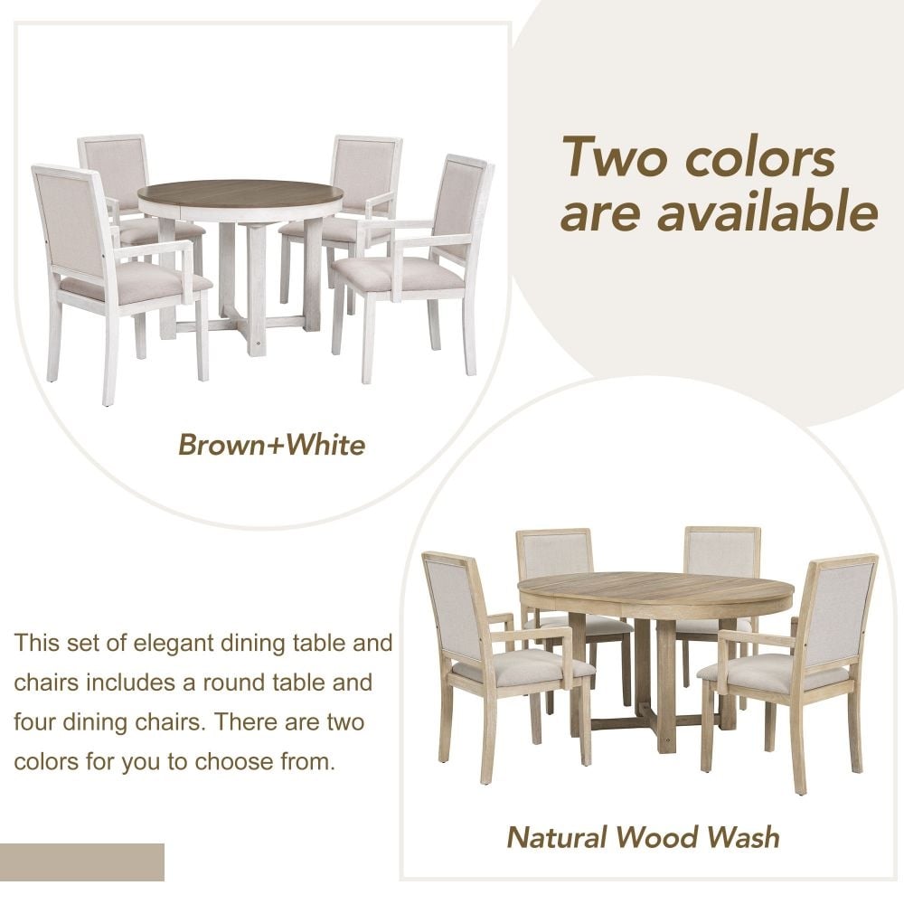 Abrihome 5 Piece Dining Table Set  Two Size Round To Oval Extendable Butterfly Leaf Wood Dining Table