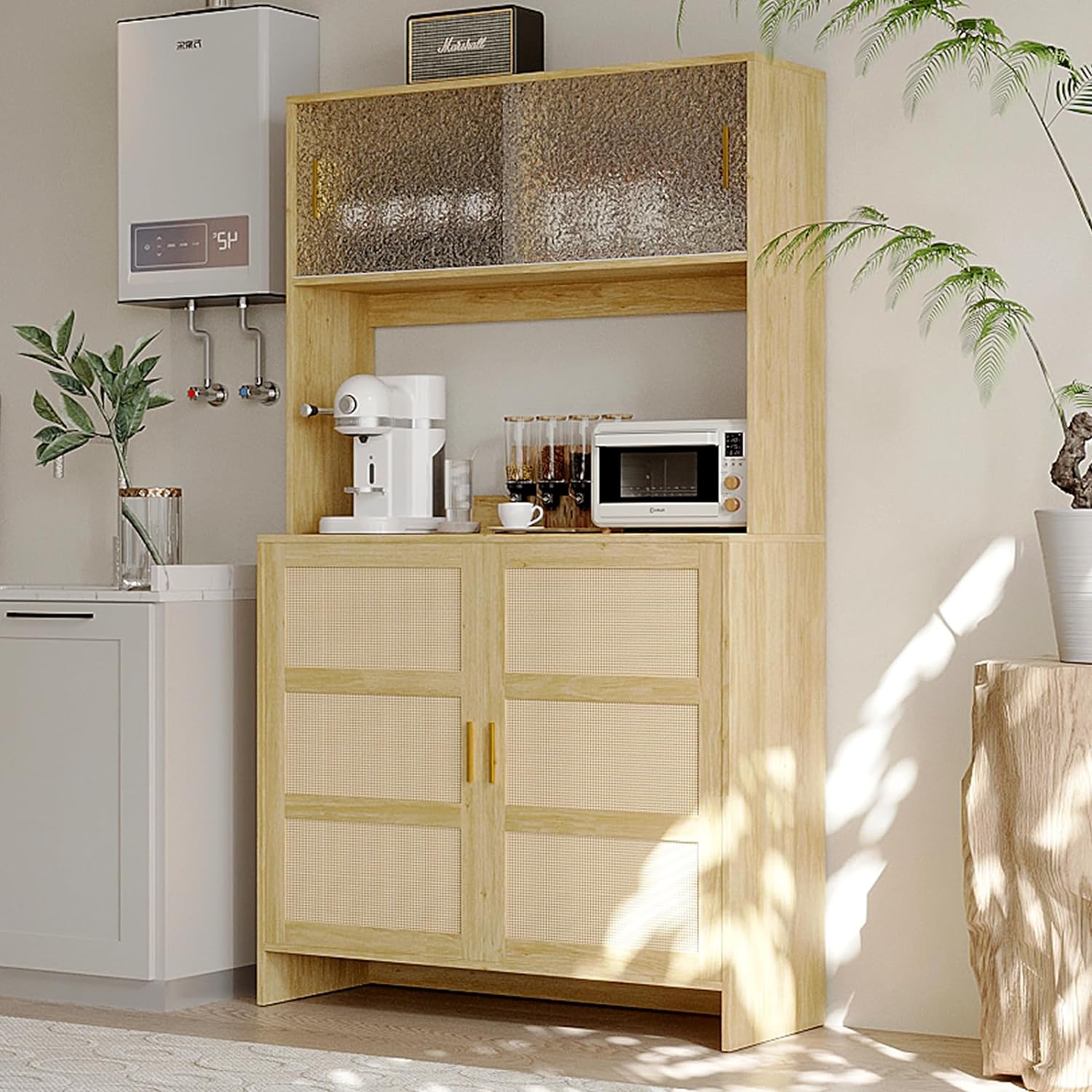 Rattan Kitchen Pantry Storage Cabinet Sideboard Buffet with Sliding Doors Adjustable Shelves