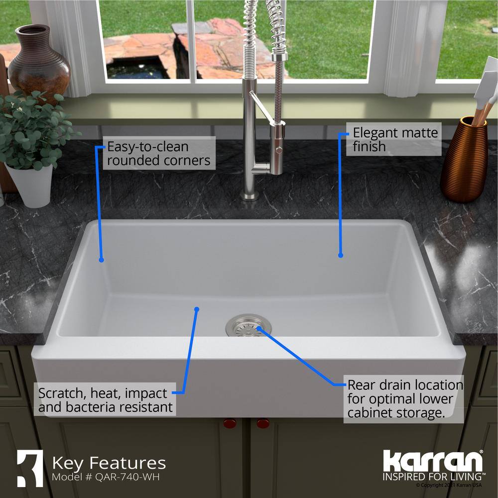 Karran QAR-740 QuartzGranite 34 in. Single Bowl Retrofit FarmhouseApron Front Kitchen Sink in White with Grid and Strainer QAR-740-WH-PK1