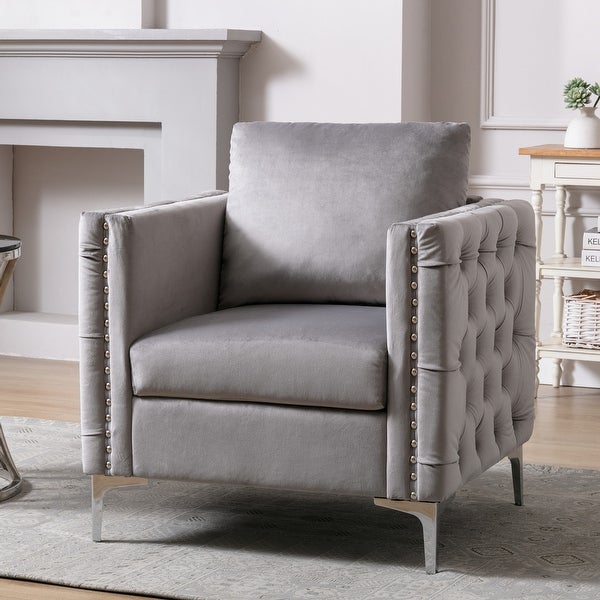 Modern Velvet Armchair Tufted Button Accent Chair Club Chair with Steel Legs