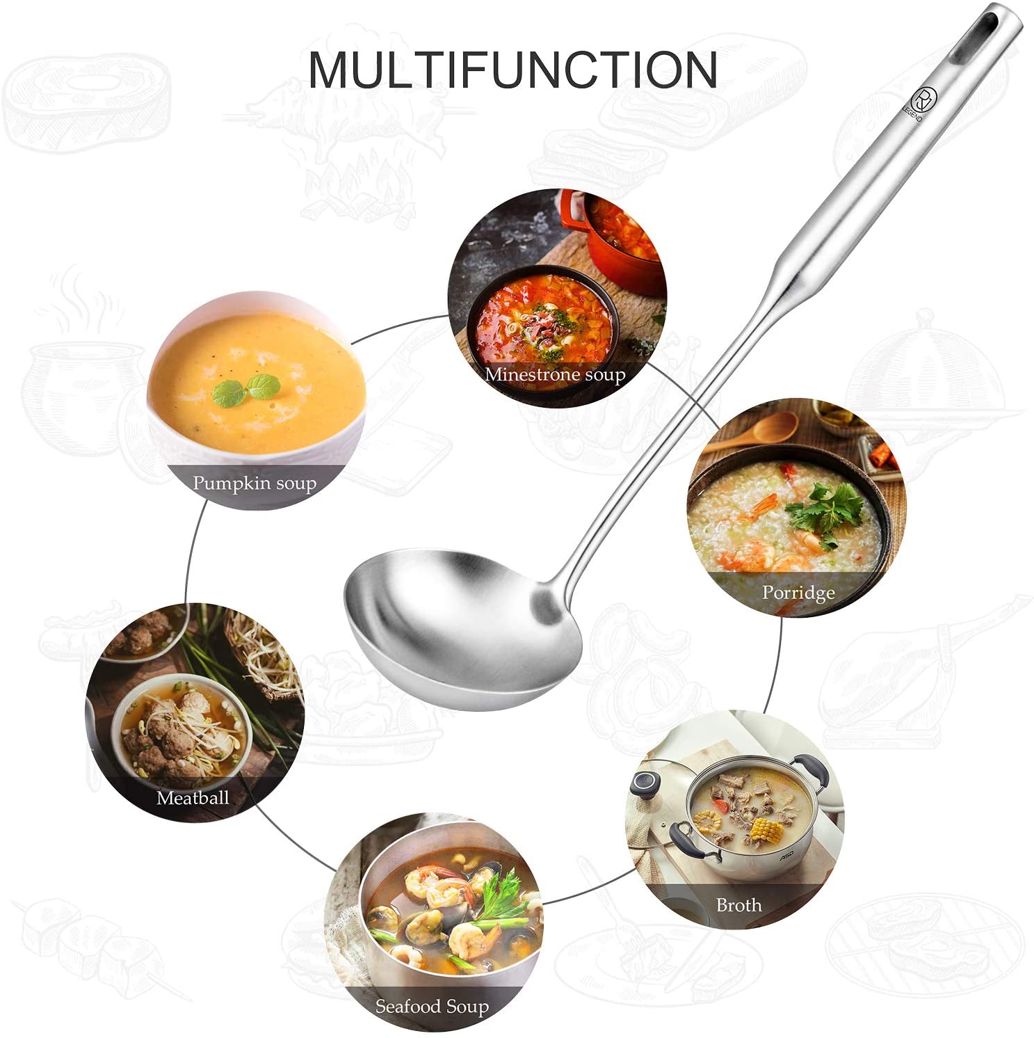 RJ Legend Kitchen Gadget Food Grade 304 Stainless Steel 14.2 In. Length/3.7 In. Diameter Soup Ladle with Ergonomic Rounded Handle, Silver