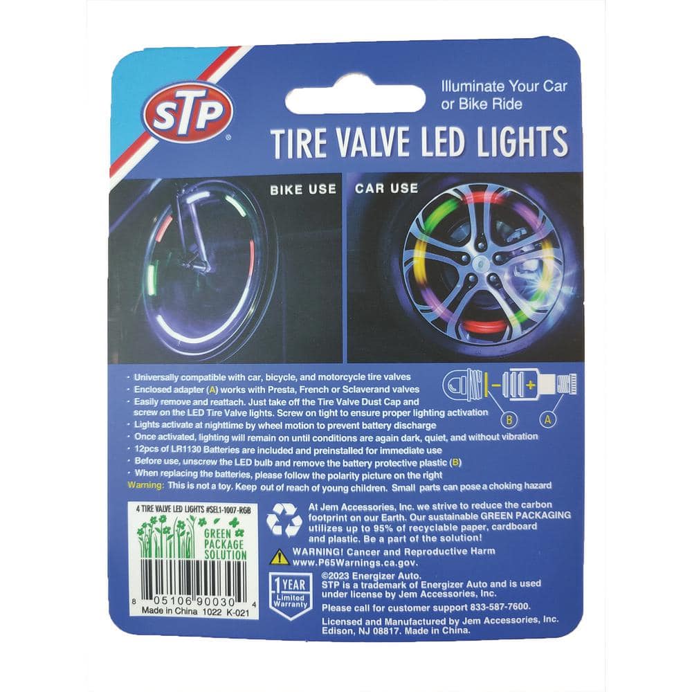 STP Tire Valve Multi-Color LED Lights For Cars Motorcycles and Bicycles (4-Pack) SEL1-1007-RGB