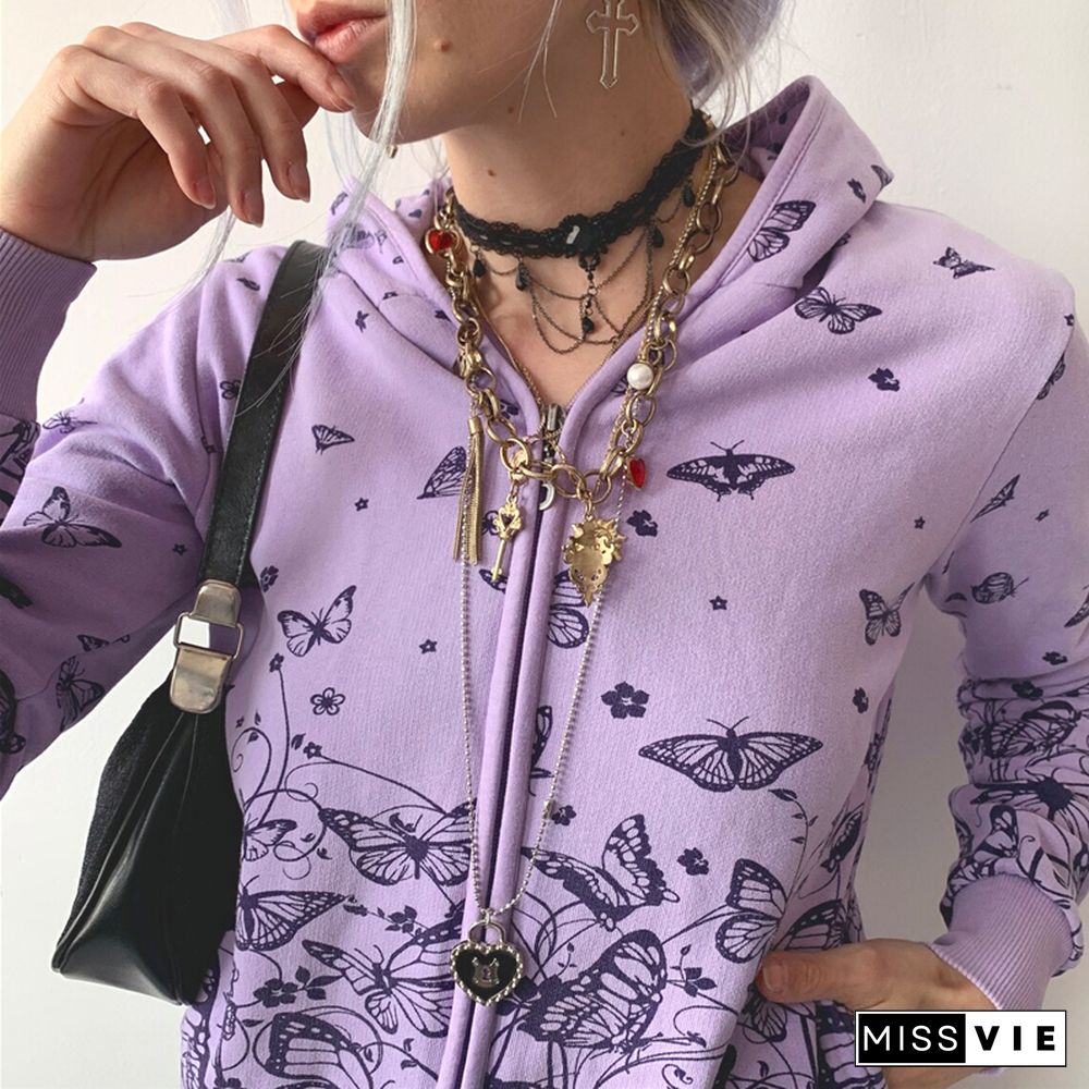 Butterfly Coat Aesthetic Fairycore Grunge Long Sleeve Crop Tops Y2k Women Hooded Jacket Kawaii Sweet Streetwear