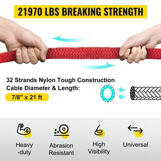 VEVOR 78 in. x 21 ft. Kinetic Recovery Rope 21970 lbs. Heavy Duty Nylon Double Braided Kinetic Energy Rope w Carry Bag Red JYSBLS2197022UJK7V0