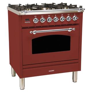 Hallman 30 in. 3.0 cu. ft. Single Oven Dual Fuel Italian Range with True Convection 5 Burners LP Gas Chrome Trim in Burgundy HDFR30CMBGLP