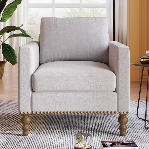 Classic Linen Armchair Accent Chair w/Bronze Nailhead Trim Wooden Legs