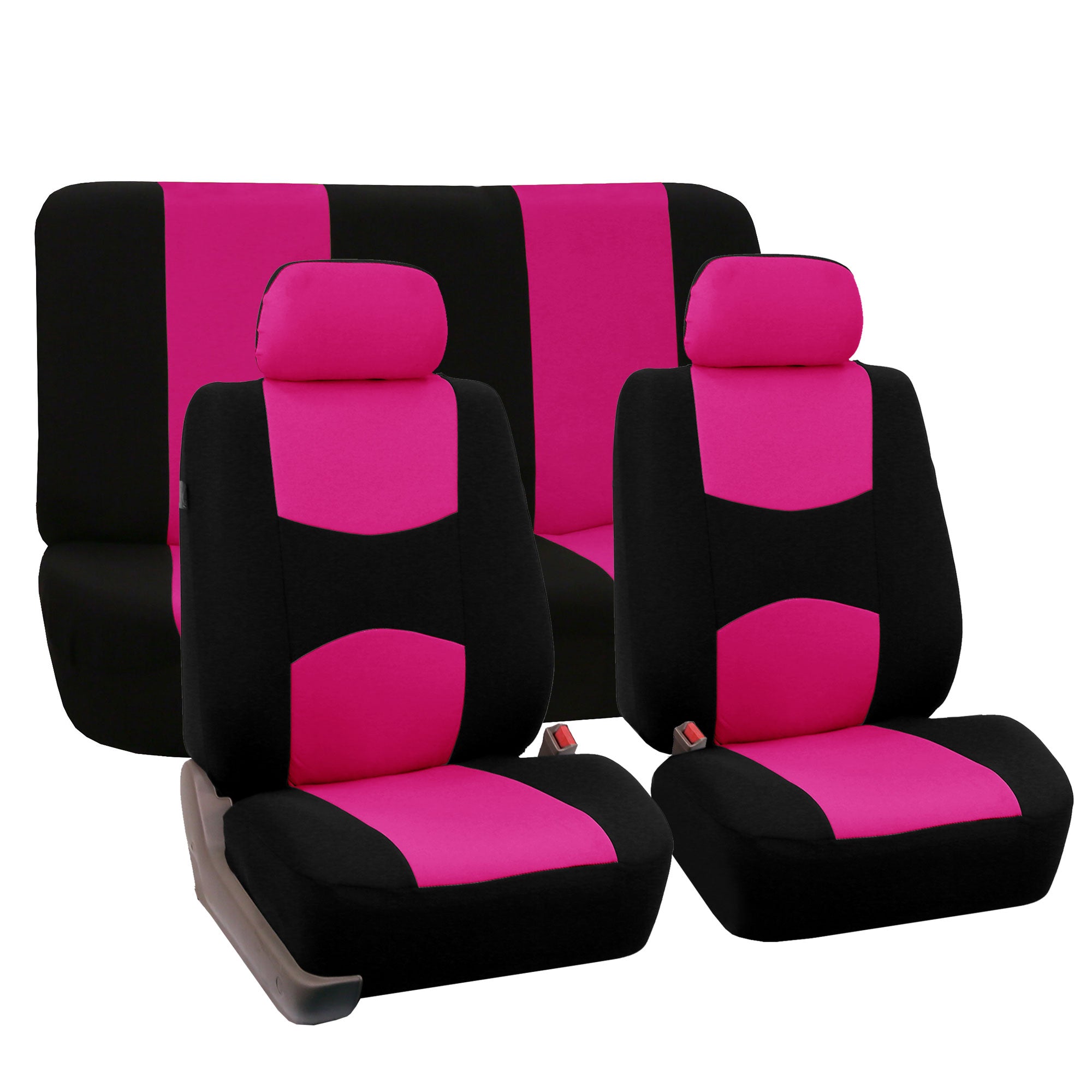 FH Group Universal Flat Cloth Fabric 2 Headrests Full Set Car Seat Cover， Pink and Black