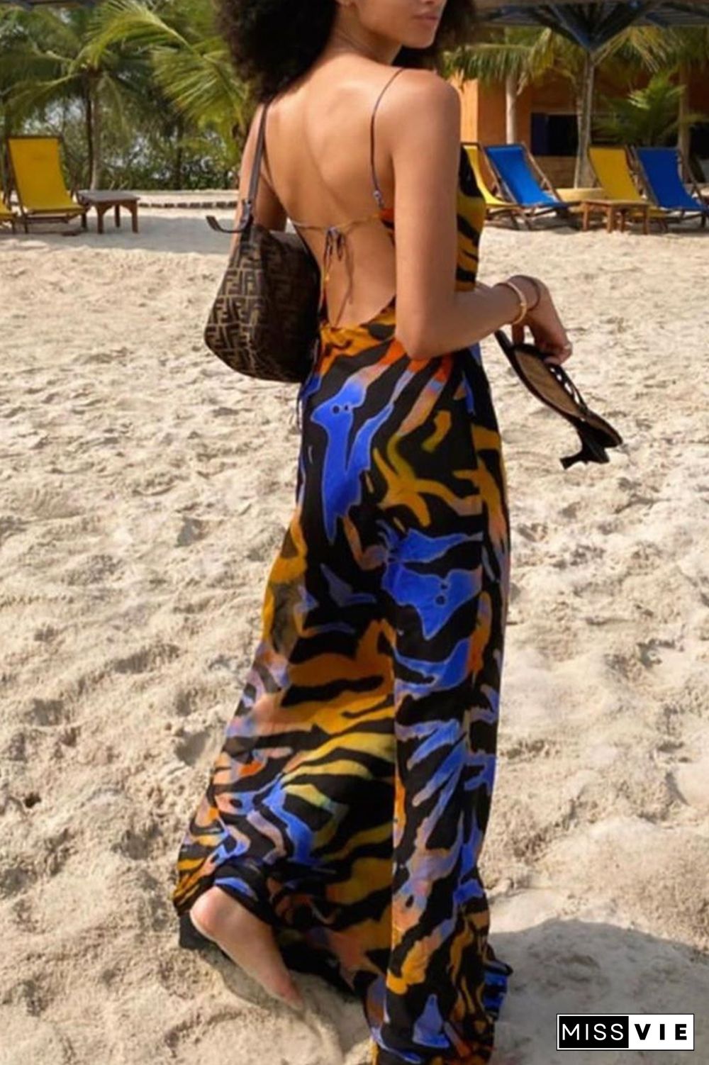 Sexy Print Split Joint Spaghetti Strap Pencil Skirt Dresses