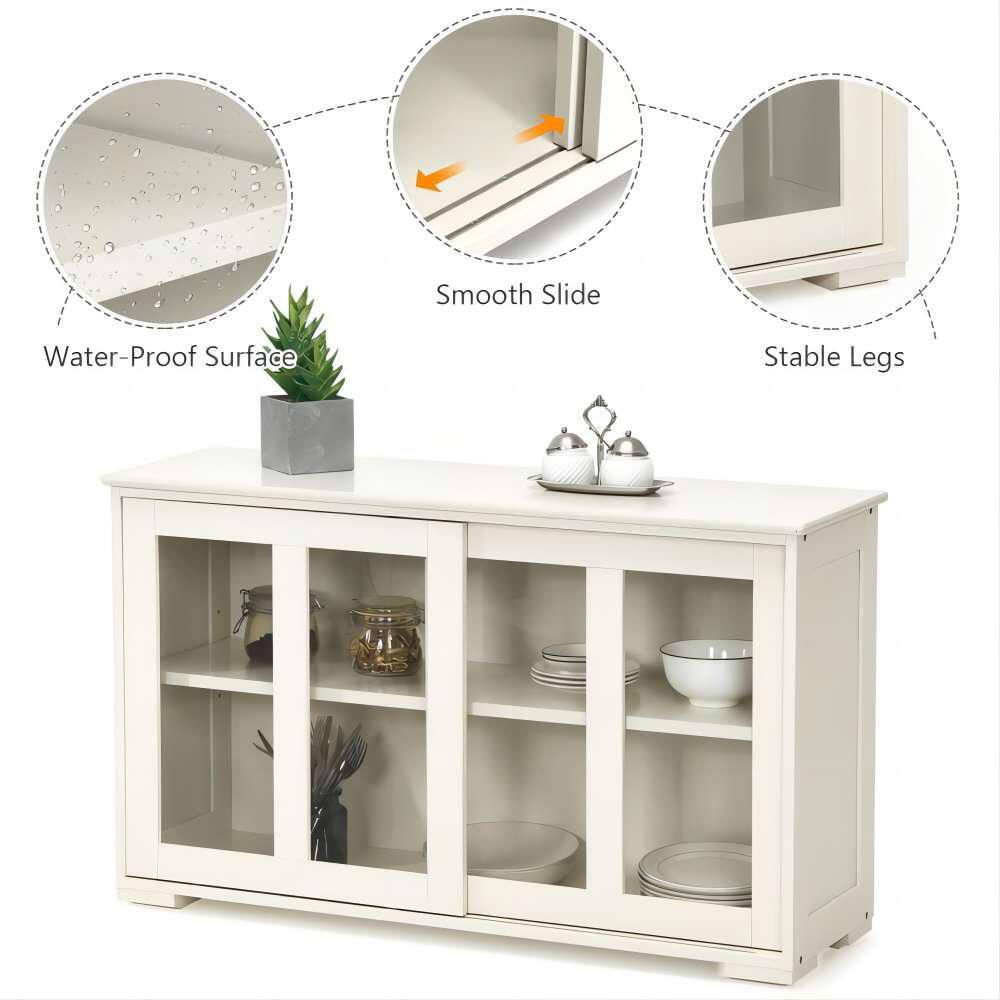 Bunpeony 42 in. W x 24.5 in. H x 13in. D White Wooden Pantry Freestanding Kitchen Storage Cabinet with 2-Glass Sliding Door ZY1K0001-2