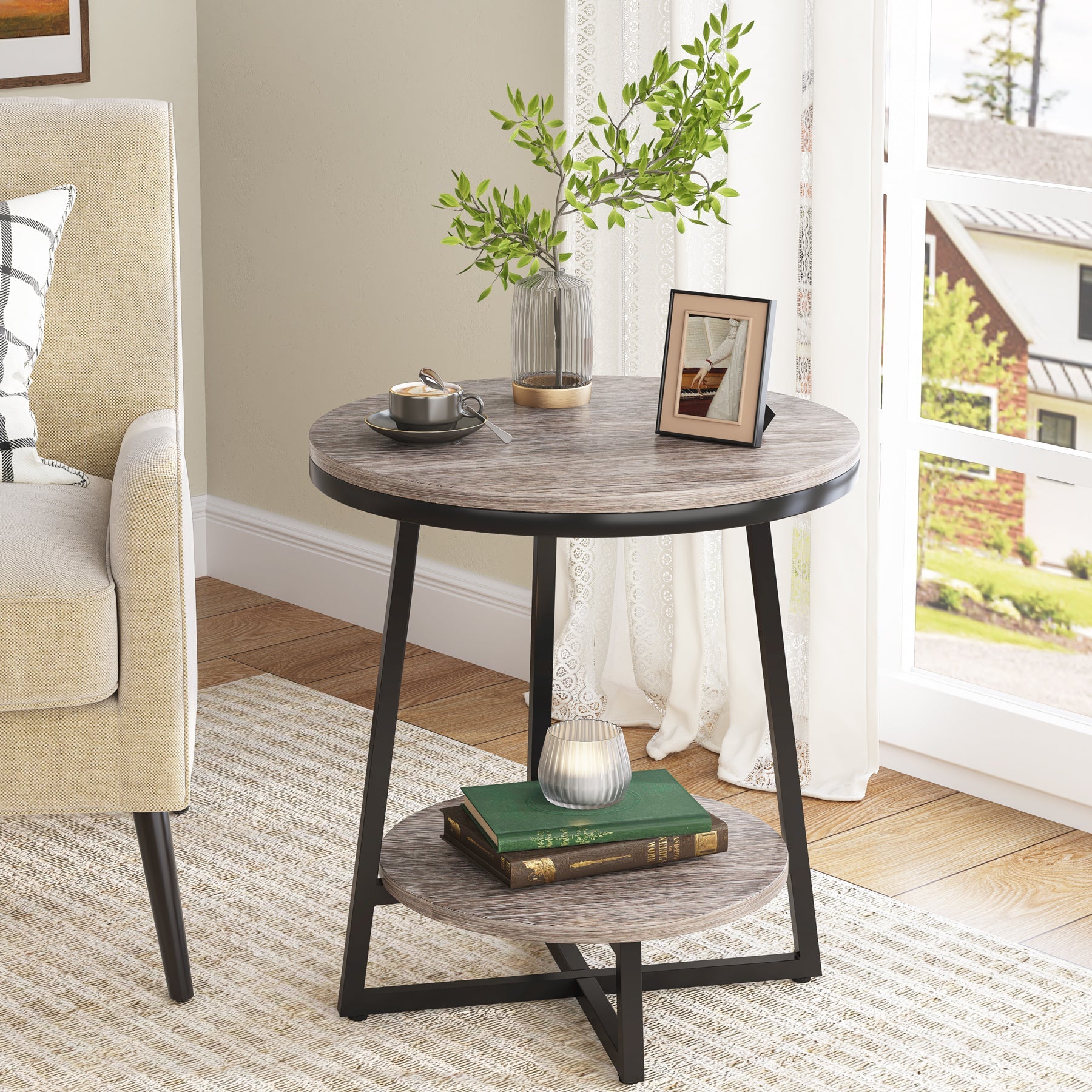 2-Tier End Table, Round Accent Bedside Table with Storage Shelf