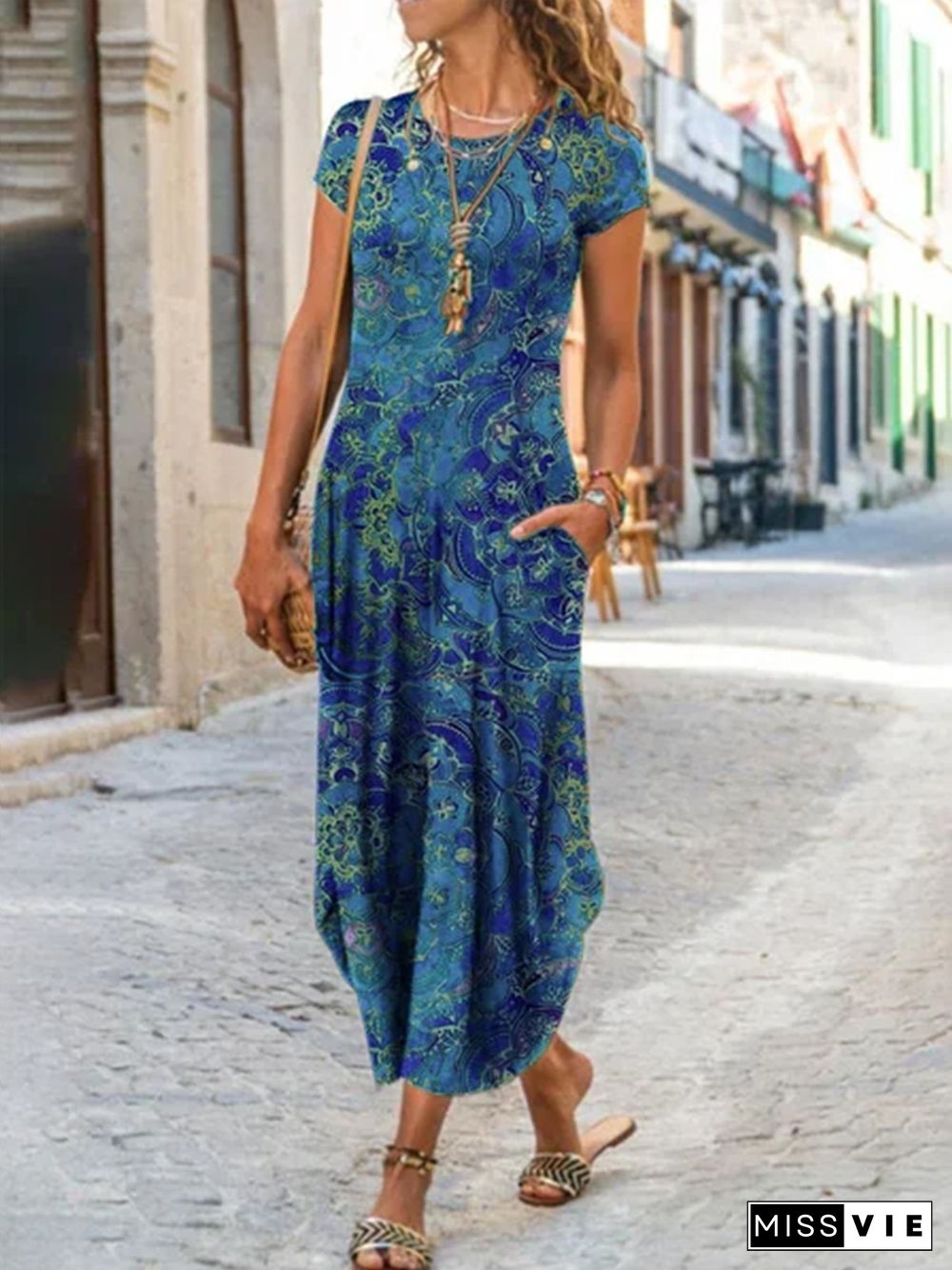 Women Summer Short Sleeve Round Neck Paisley Maxi Knitting Dress