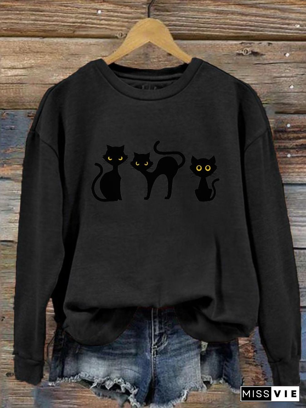 Women's Halloween Cat Print Crew Neck Sweatshirt