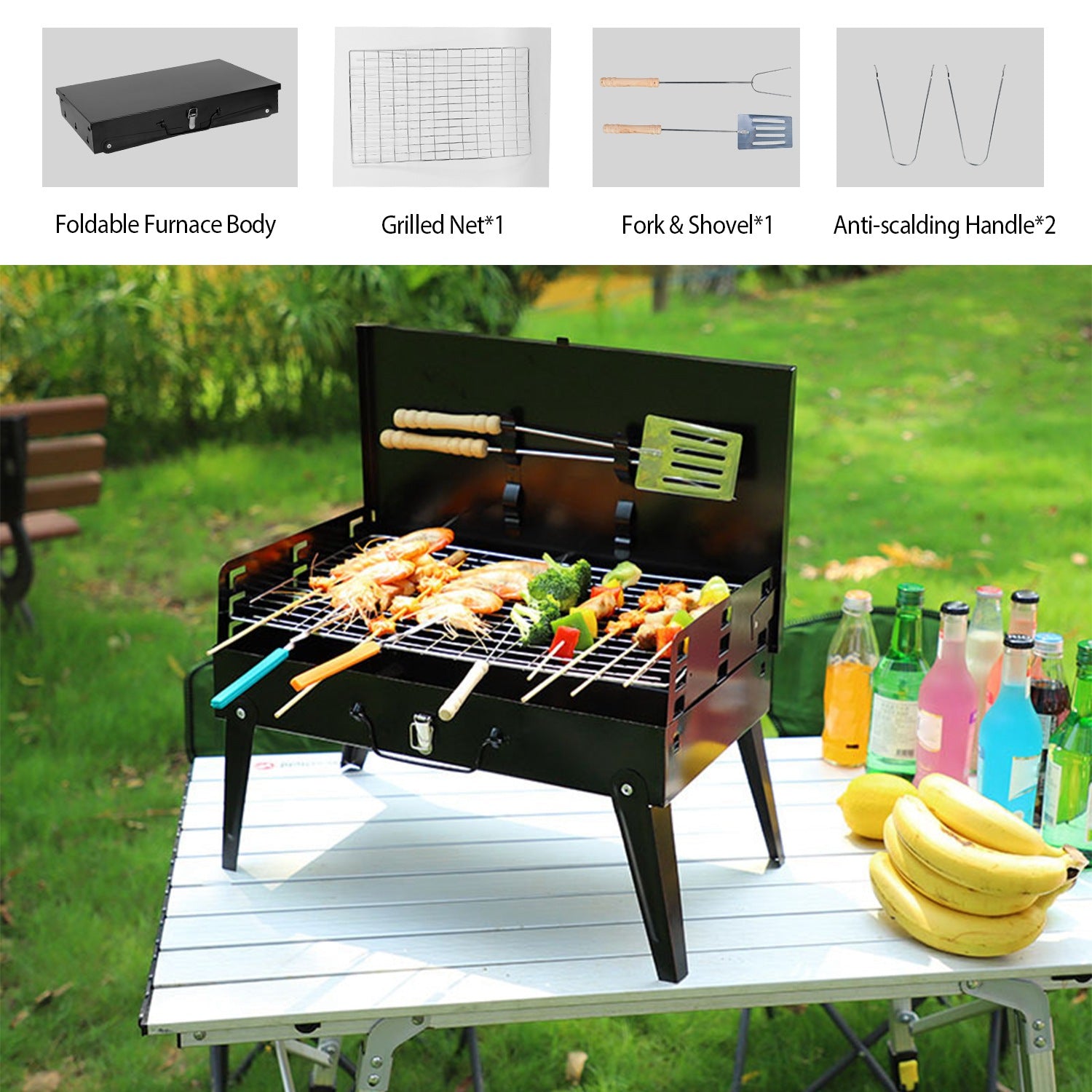 iMounTEK Portable Charcoal Grill Foldable BBQ Suitcase Grill Shelf for Outdoor Camping Picnics Garden Grilling, 16.7x10x17.7 inches